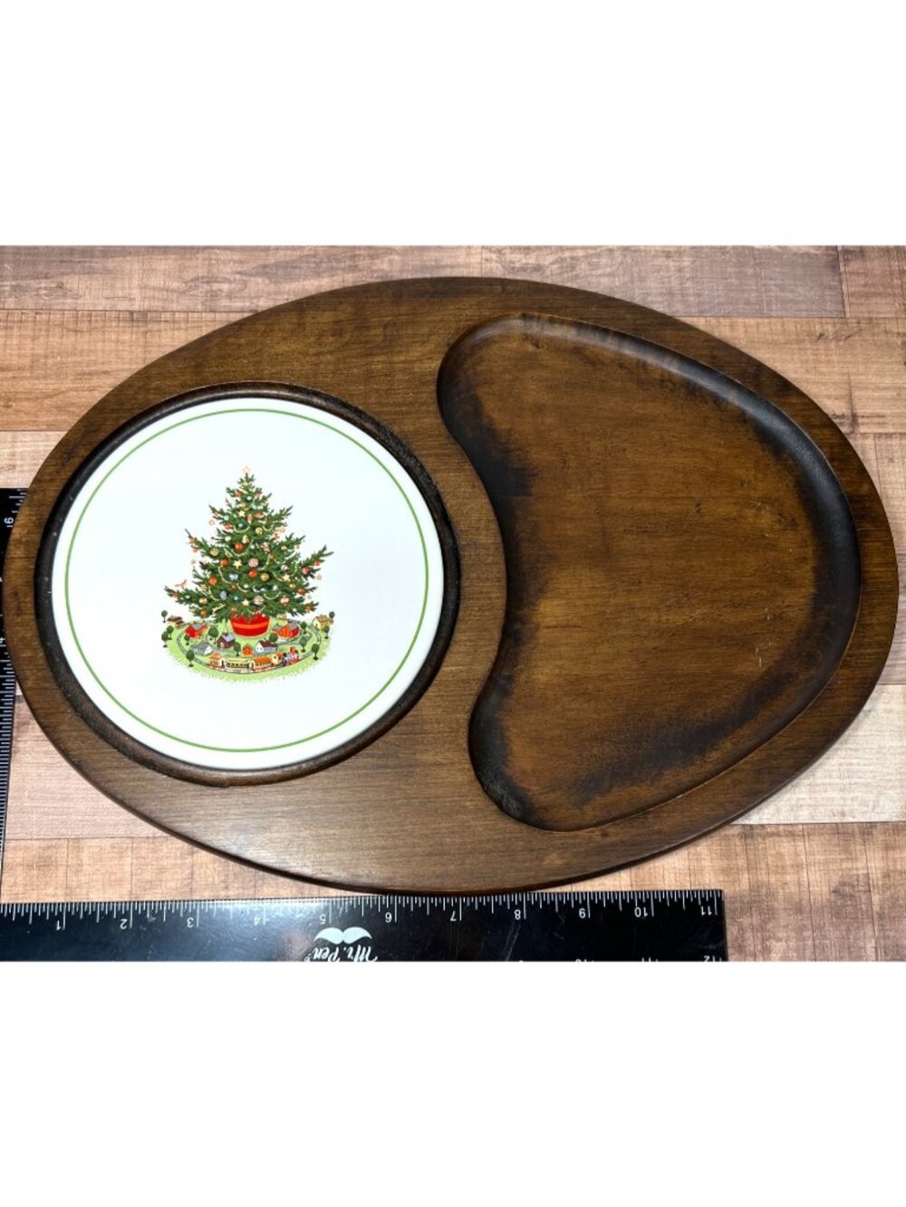 Vintage Wooden Serving Tray Festive Christmas Tree Ceramic Insert Snack Section